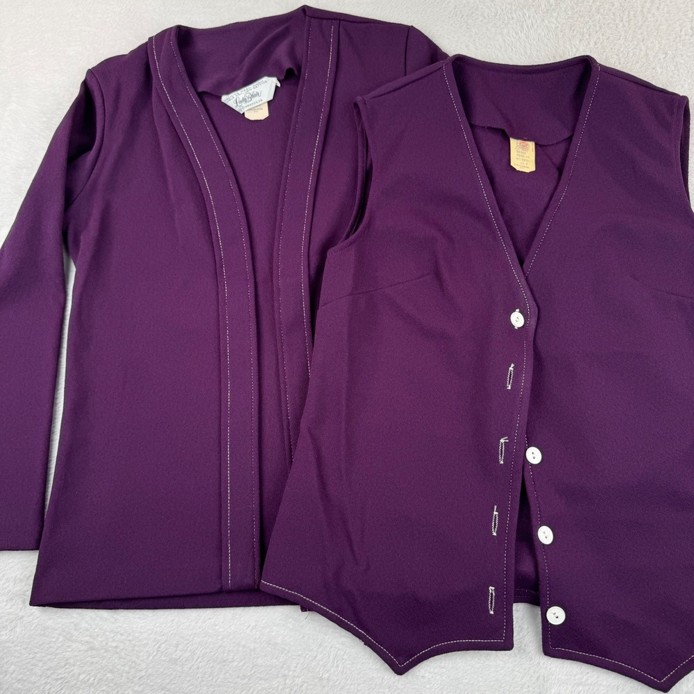 VINTAGE Lady Blair Cardigan Vest Set Womens 7 Purple‎ 70s ILGWU Contrast Stitch